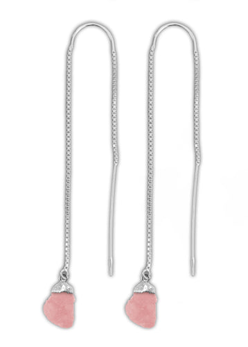 Pair of Sterling Silver Threader Raw Crystal Earrings - Pink Opal