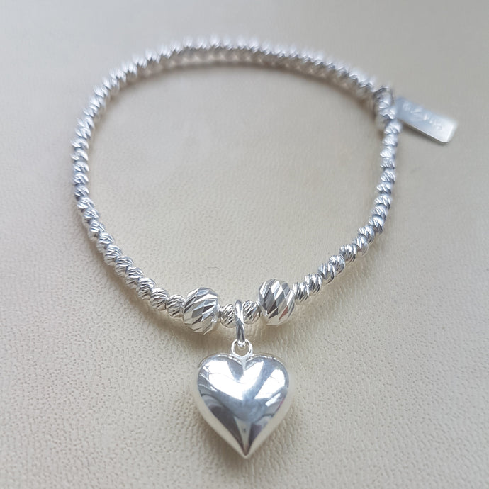 Sterling Silver Sparkle Cut Puff Heart Stacking Bracelet